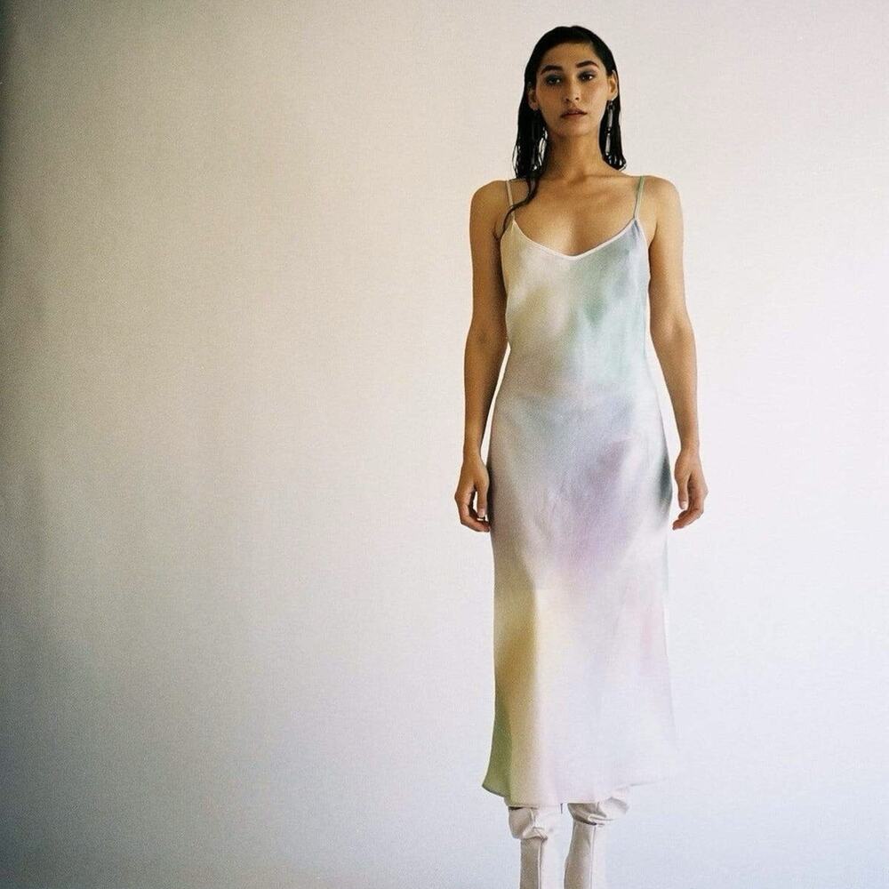Satin Slip Midi Dress in Pastel Watercolor NWT